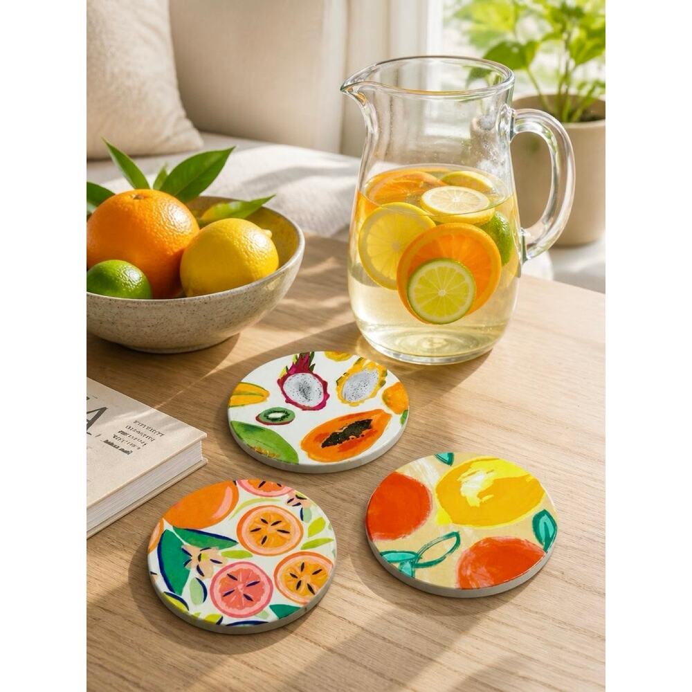 Tropical Fruit Coasters | Colorful Round Wood Coaster Set of 3